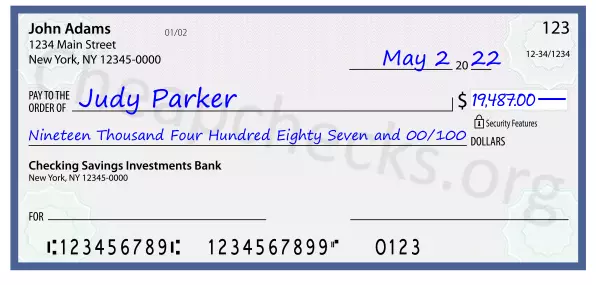 Nineteen Thousand Four Hundred Eighty Seven and 00/100 filled out on a check