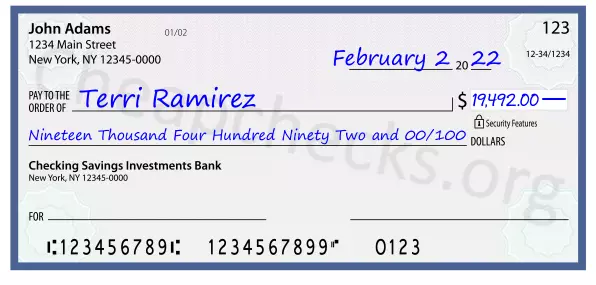 Nineteen Thousand Four Hundred Ninety Two and 00/100 filled out on a check