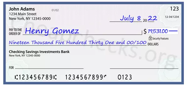 Nineteen Thousand Five Hundred Thirty One and 00/100 filled out on a check