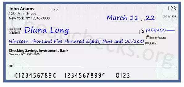 Nineteen Thousand Five Hundred Eighty Nine and 00/100 filled out on a check