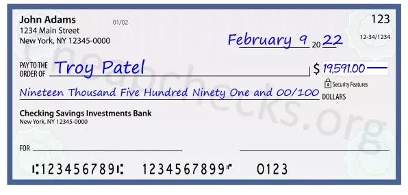 Nineteen Thousand Five Hundred Ninety One and 00/100 filled out on a check