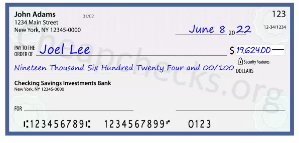 Nineteen Thousand Six Hundred Twenty Four and 00/100 filled out on a check