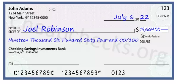 Nineteen Thousand Six Hundred Sixty Four and 00/100 filled out on a check