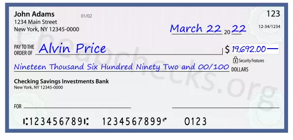 Nineteen Thousand Six Hundred Ninety Two and 00/100 filled out on a check