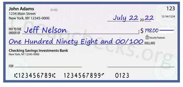 One Hundred Ninety Eight and 00/100 filled out on a check