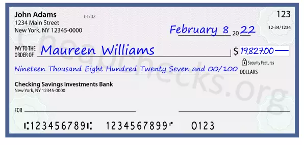 Nineteen Thousand Eight Hundred Twenty Seven and 00/100 filled out on a check