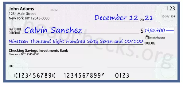 Nineteen Thousand Eight Hundred Sixty Seven and 00/100 filled out on a check