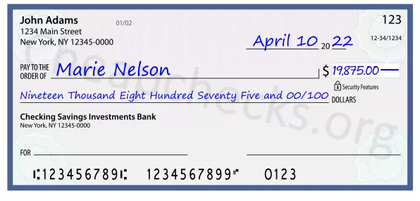 Nineteen Thousand Eight Hundred Seventy Five and 00/100 filled out on a check