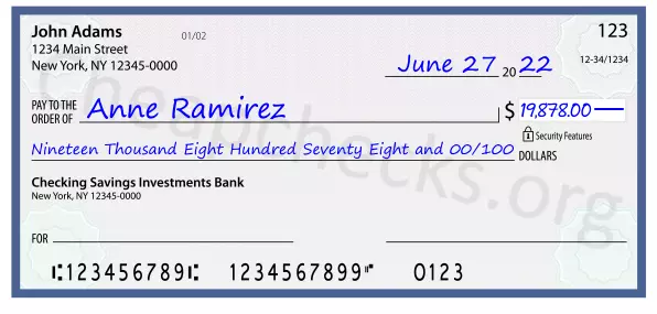 Nineteen Thousand Eight Hundred Seventy Eight and 00/100 filled out on a check