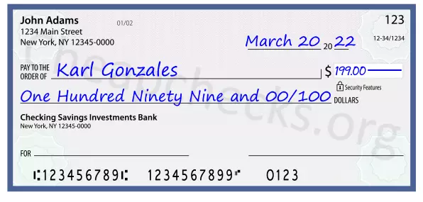 One Hundred Ninety Nine and 00/100 filled out on a check