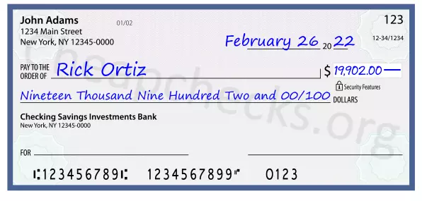 Nineteen Thousand Nine Hundred Two and 00/100 filled out on a check