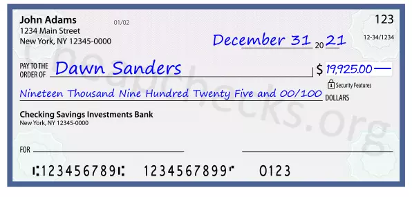 Nineteen Thousand Nine Hundred Twenty Five and 00/100 filled out on a check