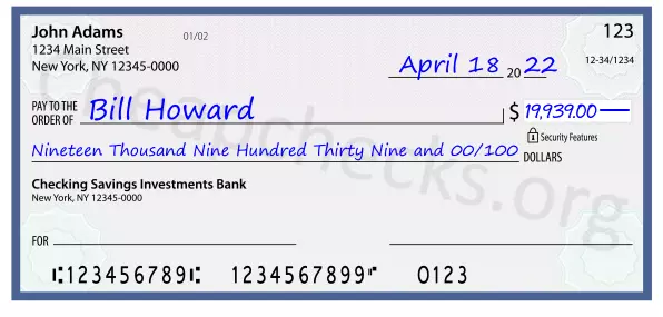 Nineteen Thousand Nine Hundred Thirty Nine and 00/100 filled out on a check