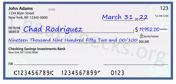 Nineteen Thousand Nine Hundred Fifty Two and 00/100 filled out on a check