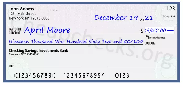 Nineteen Thousand Nine Hundred Sixty Two and 00/100 filled out on a check