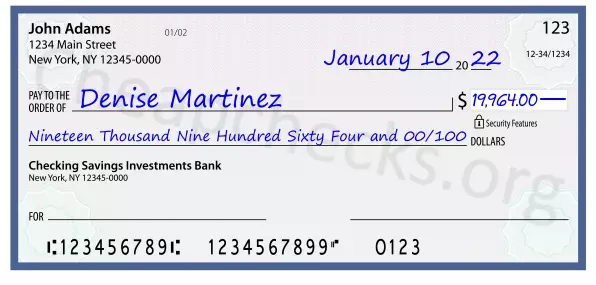 Nineteen Thousand Nine Hundred Sixty Four and 00/100 filled out on a check