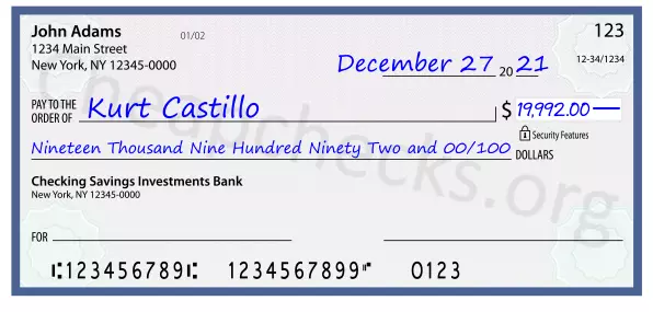 Nineteen Thousand Nine Hundred Ninety Two and 00/100 filled out on a check