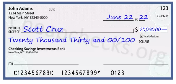 Twenty Thousand Thirty and 00/100 filled out on a check