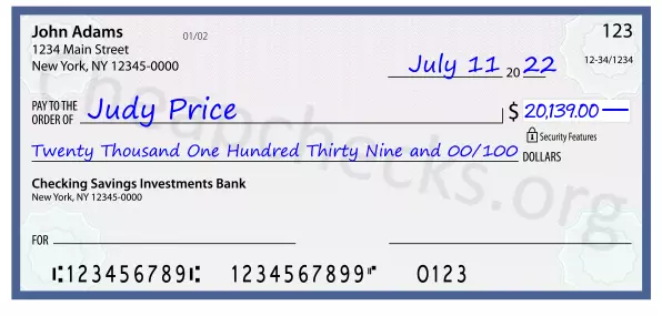 Twenty Thousand One Hundred Thirty Nine and 00/100 filled out on a check