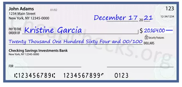 Twenty Thousand One Hundred Sixty Four and 00/100 filled out on a check