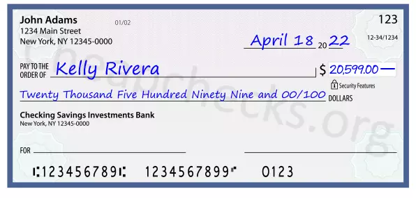 Twenty Thousand Five Hundred Ninety Nine and 00/100 filled out on a check