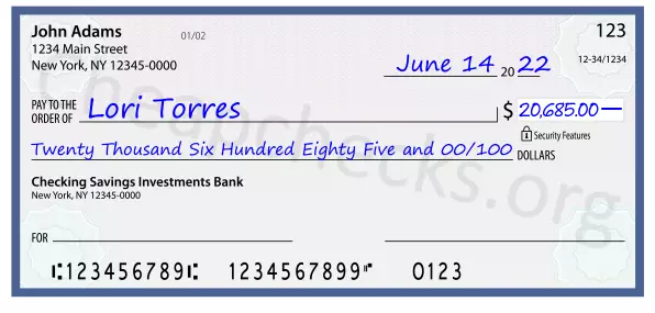 Twenty Thousand Six Hundred Eighty Five and 00/100 filled out on a check