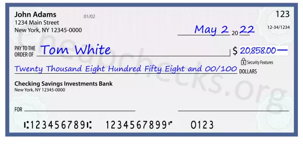 Twenty Thousand Eight Hundred Fifty Eight and 00/100 filled out on a check