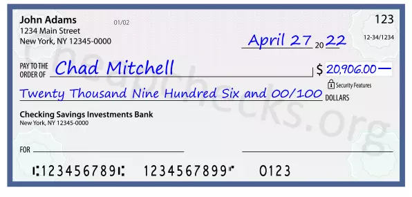 Twenty Thousand Nine Hundred Six and 00/100 filled out on a check