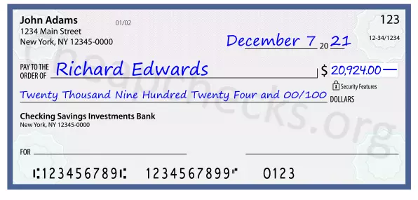 Twenty Thousand Nine Hundred Twenty Four and 00/100 filled out on a check