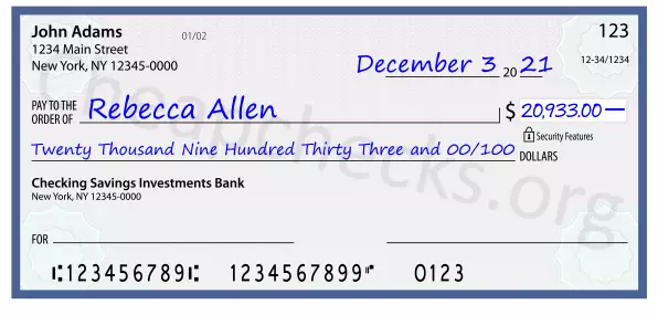 Twenty Thousand Nine Hundred Thirty Three and 00/100 filled out on a check