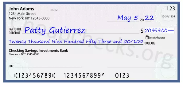 Twenty Thousand Nine Hundred Fifty Three and 00/100 filled out on a check