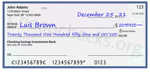 Twenty Thousand Nine Hundred Fifty Nine and 00/100 filled out on a check