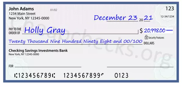 Twenty Thousand Nine Hundred Ninety Eight and 00/100 filled out on a check