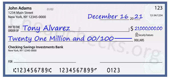 Twenty One Million and 00/100 filled out on a check
