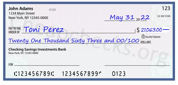 Twenty One Thousand Sixty Three and 00/100 filled out on a check