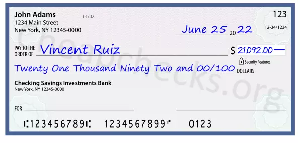 Twenty One Thousand Ninety Two and 00/100 filled out on a check