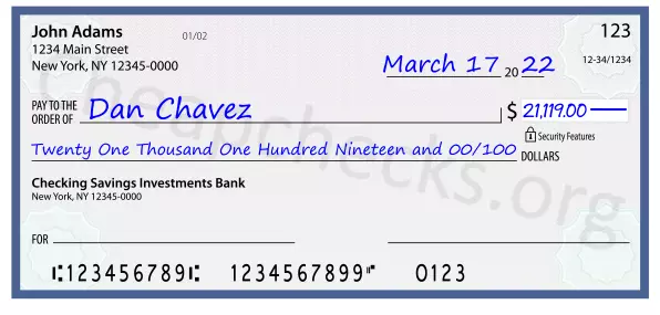 Twenty One Thousand One Hundred Nineteen and 00/100 filled out on a check