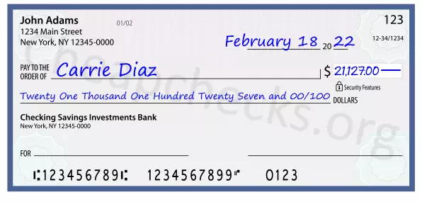 Twenty One Thousand One Hundred Twenty Seven and 00/100 filled out on a check