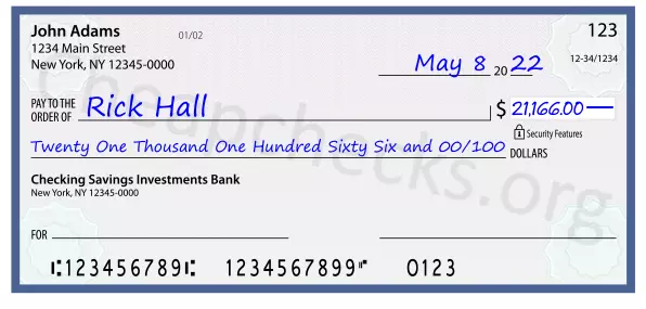 Twenty One Thousand One Hundred Sixty Six and 00/100 filled out on a check