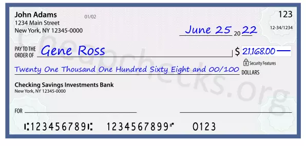 Twenty One Thousand One Hundred Sixty Eight and 00/100 filled out on a check