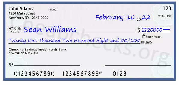 Twenty One Thousand Two Hundred Eight and 00/100 filled out on a check