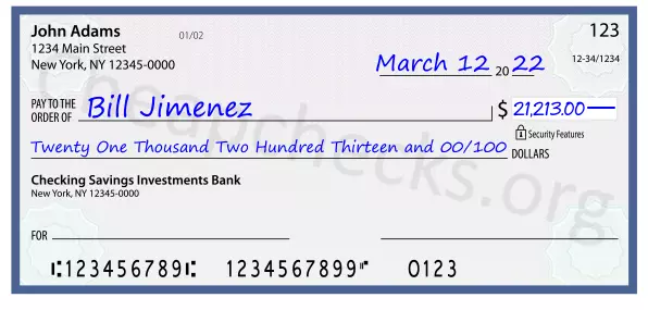 Twenty One Thousand Two Hundred Thirteen and 00/100 filled out on a check