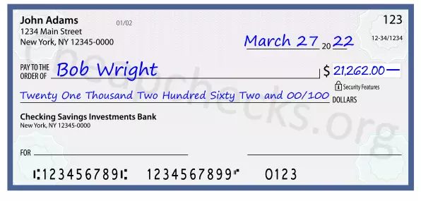 Twenty One Thousand Two Hundred Sixty Two and 00/100 filled out on a check