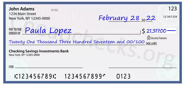 Twenty One Thousand Three Hundred Seventeen and 00/100 filled out on a check