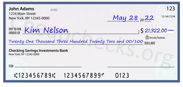 Twenty One Thousand Three Hundred Twenty Two and 00/100 filled out on a check