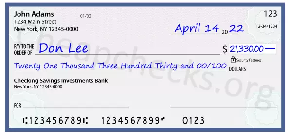 Twenty One Thousand Three Hundred Thirty and 00/100 filled out on a check