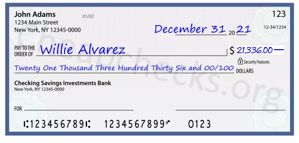 Twenty One Thousand Three Hundred Thirty Six and 00/100 filled out on a check