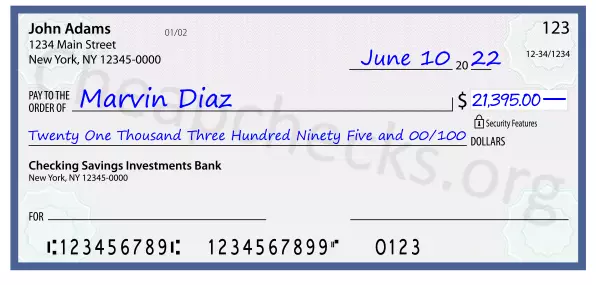 Twenty One Thousand Three Hundred Ninety Five and 00/100 filled out on a check