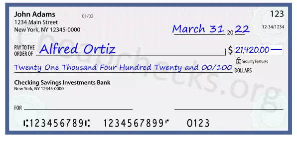 Twenty One Thousand Four Hundred Twenty and 00/100 filled out on a check