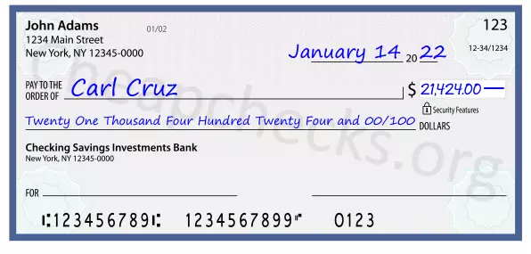 Twenty One Thousand Four Hundred Twenty Four and 00/100 filled out on a check